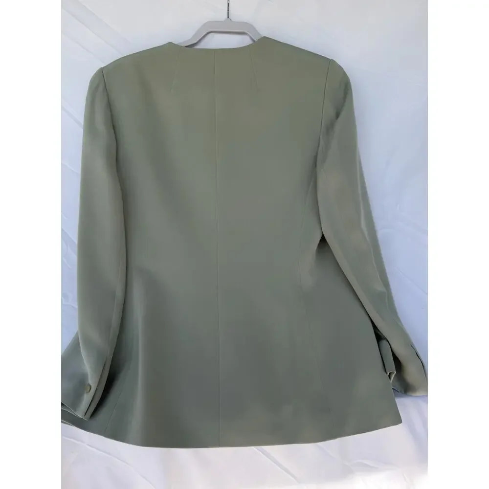 Kasper A.S.L. Petite 12P 100% Silk Sage Green Collarless Blazer Jacket Quiet Lux